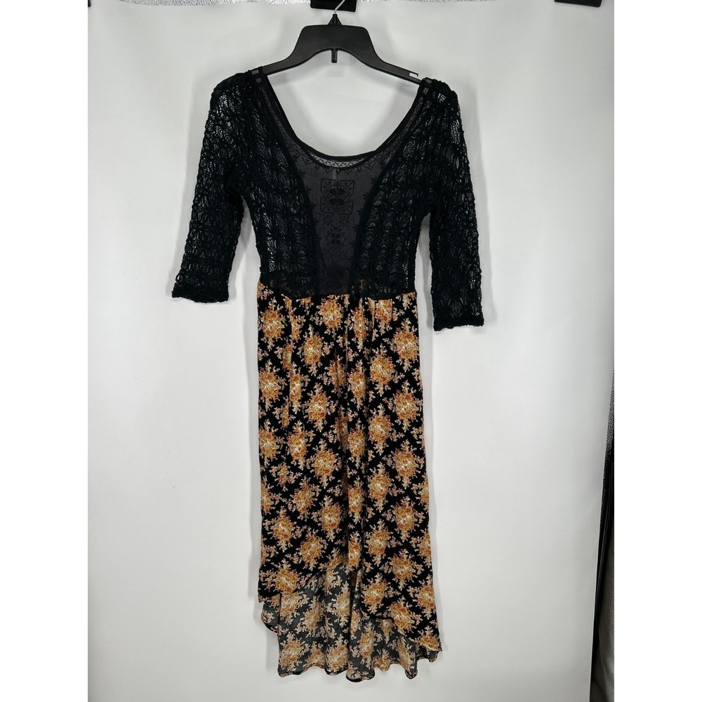 Free People Lonesome Dove Boho Dress Women's 2‎ Black Floral Lace Trim High Low
